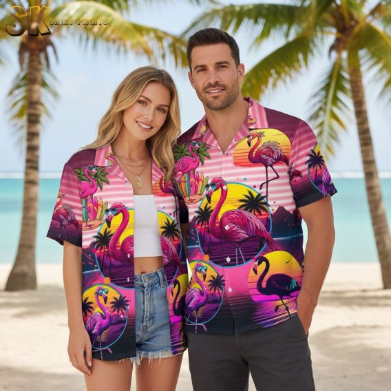 Mens flamingo Hawaiian shirt button-up style with tropical flamingo print designed specifically for men