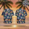 Men's flamingo Hawaiian shirt with colorful tropical animals and Good Vibes text on dark blue background