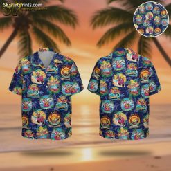 Men's flamingo Hawaiian shirt with colorful tropical animals and Good Vibes text on dark blue background