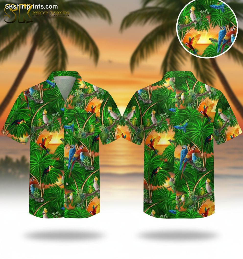 Mens green Hawaiian shirt featuring colorful parrots and toucans among palm leaves with sunset background
