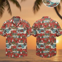 Men's Hawaiian Christmas shirt featuring Santa Claus with palm trees and Christmas trees on red background