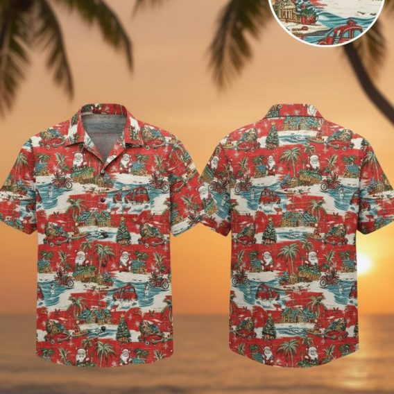 Men's Hawaiian Christmas shirt featuring Santa Claus with palm trees and Christmas trees on red background