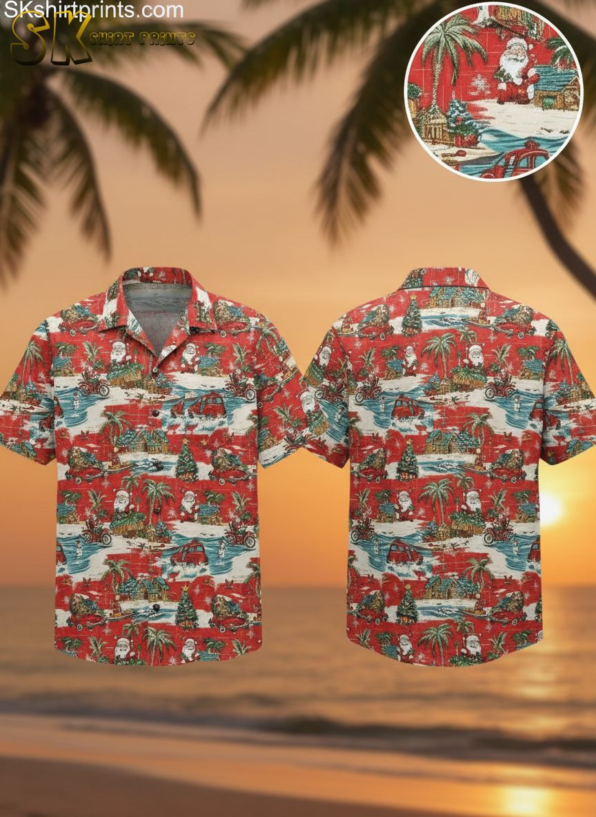 Men's Hawaiian Christmas shirt featuring Santa Claus with palm trees and Christmas trees on red background