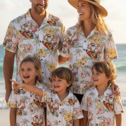 Men's Hawaiian Santa shirt showing Santa Claus on surfboard with drink, tropical flowers, and flamingo details