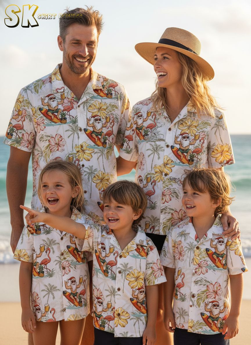 Men's Hawaiian Santa shirt showing Santa Claus on surfboard with drink, tropical flowers, and flamingo details