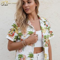 Mens Hawaiian shirt size chart and specifications showing measurements and fit details for tropical print shirt