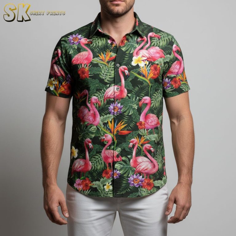 Pink Flamingo Hawaiian Shirt with Tropical Hibiscus Flowers – Dark Black Background Aloha Shirt for Men & Women