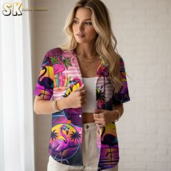 Size chart and specifications for mens Hawaiian shirts with flamingo print showing measurements and fit details