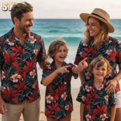 Complete collection of mens Hawaiian shirts in red showing all available color variations and patterns