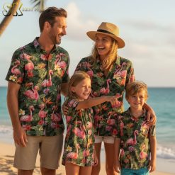 Men's pink flamingo Hawaiian shirt collection showing multiple tropical designs