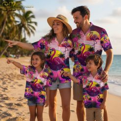 Men's pink flamingo Hawaiian shirt collection showing various color combinations and design variations