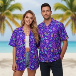 Mens purple Hawaiian shirt featuring cartoon animals, pineapples, and tropical elements in vibrant colors