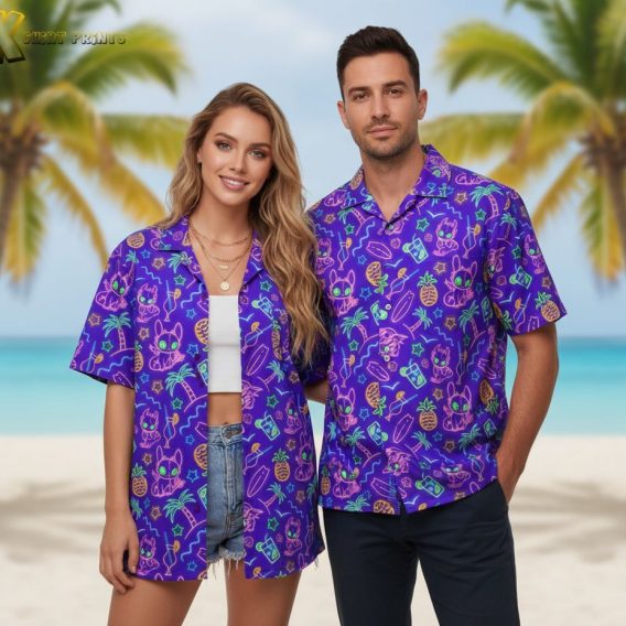 Mens purple Hawaiian shirt featuring cartoon animals, pineapples, and tropical elements in vibrant colors