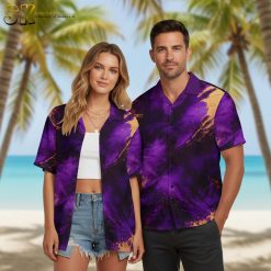Mens purple Hawaiian shirt with colorful tie-dye print featuring purple, black and orange color blend in abstract pattern