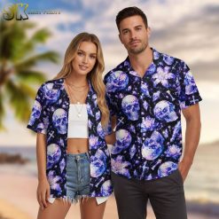 Men's purple Hawaiian shirt with dark cosmic print featuring skulls and flowers in purple and blue shades