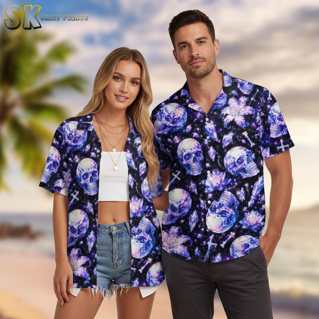 Men's purple Hawaiian shirt with dark cosmic print featuring skulls and flowers in purple and blue shades