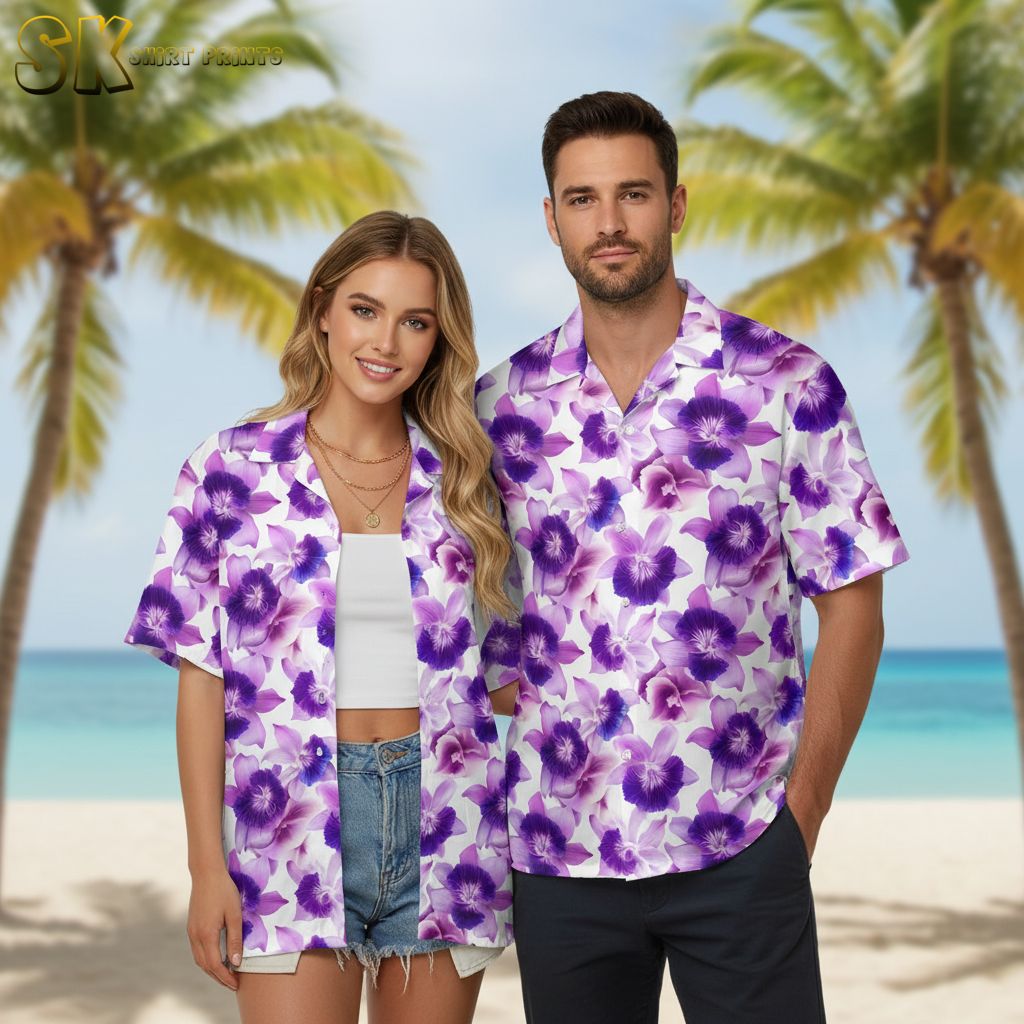 Mens purple hawaiian shirt with vibrant purple flower pattern on white base