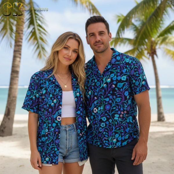 Purple and Blue Hawaiian Shirt with Tropical Birds and Flowers - Mens Botanical Print Aloha Shirt