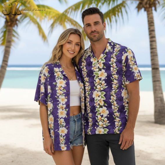 Men's purple Hawaiian shirt with hibiscus flower pattern in white and yellow colors with green leaf accents