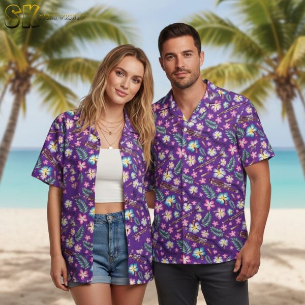 Blue and Purple Hawaiian Shirt with Hibiscus Flowers and Ukuleles - Tropical Aloha Print