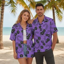 Mens purple hawaiian shirt with black snakes and hibiscus flowers creating bold tropical pattern
