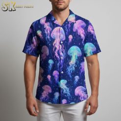 Men's purple Hawaiian shirt with colorful jellyfish pattern featuring pink, blue and green artwork