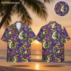 Mens purple Hawaiian shirt featuring cartoon alligators in Mardi Gras costumes with saxophone and fleur-de-lis pattern