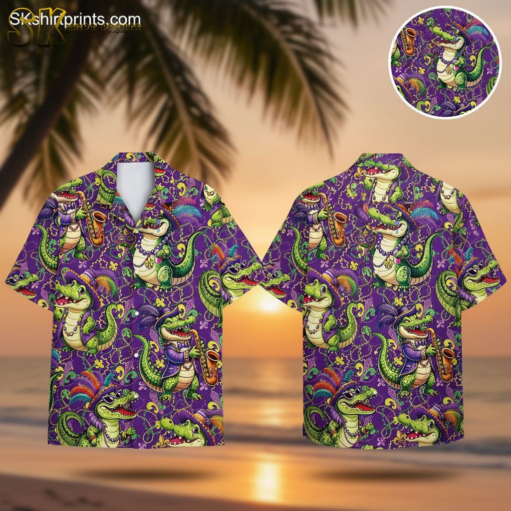 Mens purple Hawaiian shirt featuring cartoon alligators in Mardi Gras costumes with saxophone and fleur-de-lis pattern
