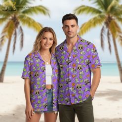 Men's purple Hawaiian shirt with sugar skull design, small bottles, and orange slice details