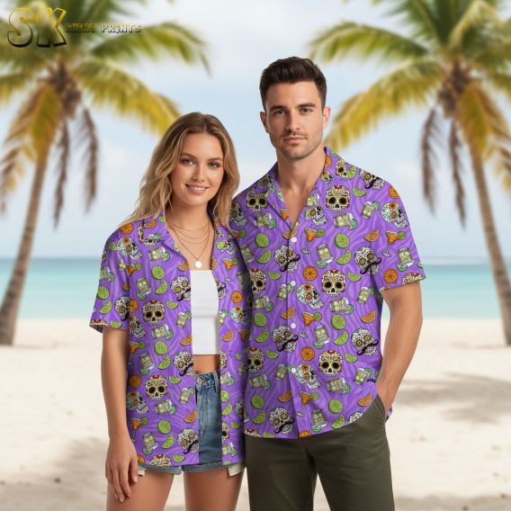 Men's purple Hawaiian shirt with sugar skull design, small bottles, and orange slice details