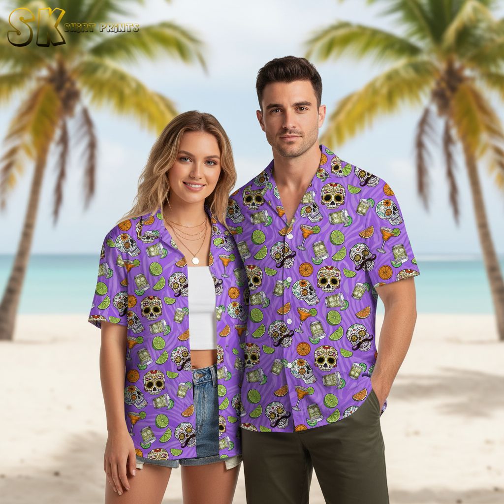 Men's purple Hawaiian shirt with sugar skull design, small bottles, and orange slice details