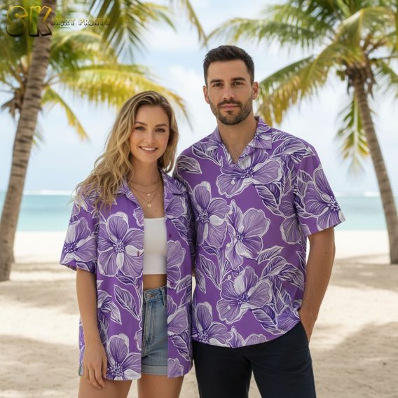 Mens purple hawaiian shirt with white floral pattern featuring detailed tropical flowers and leaves