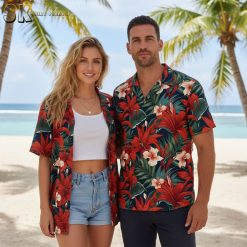 Mens red Hawaiian shirt with hibiscus pattern worn outdoors showcasing summer vacation style