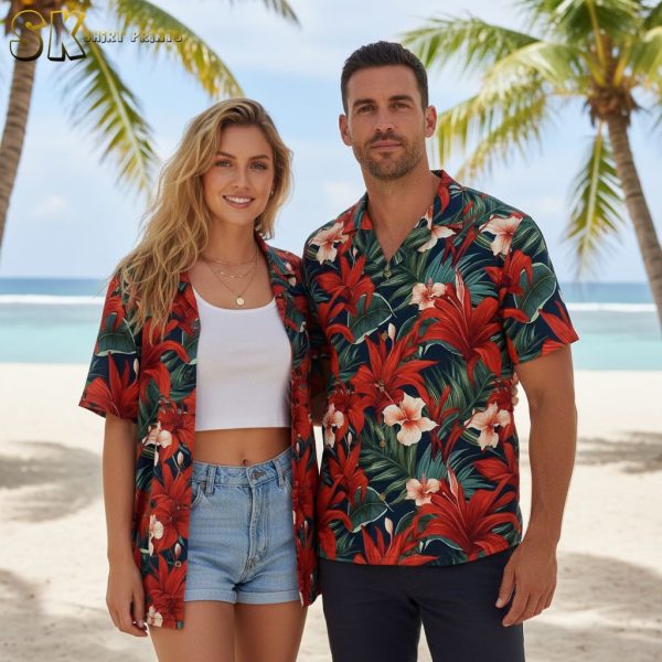 Red Hawaiian Shirt with Hibiscus Flowers - Tropical Aloha Print for Men