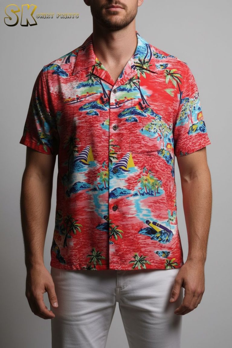 Red Tropical Shirt with Palm Trees and Sailboat Print – Classic Hawaiian Style