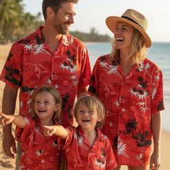Mens retro hawaiian shirts collection featuring red tropical prints with Hawaiian islands and palm trees