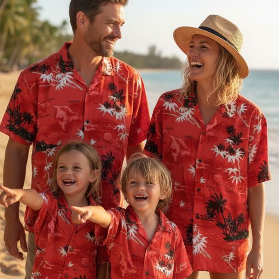 Mens retro hawaiian shirts collection featuring red tropical prints with Hawaiian islands and palm trees
