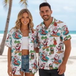 Men's tropical Christmas shirt with electric guitars, palm trees, surfing Santa and tiki designs
