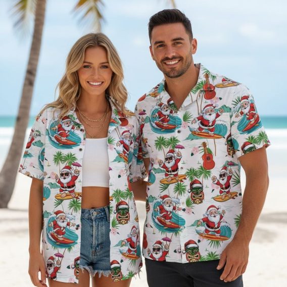 Men's tropical Christmas shirt with electric guitars, palm trees, surfing Santa and tiki designs