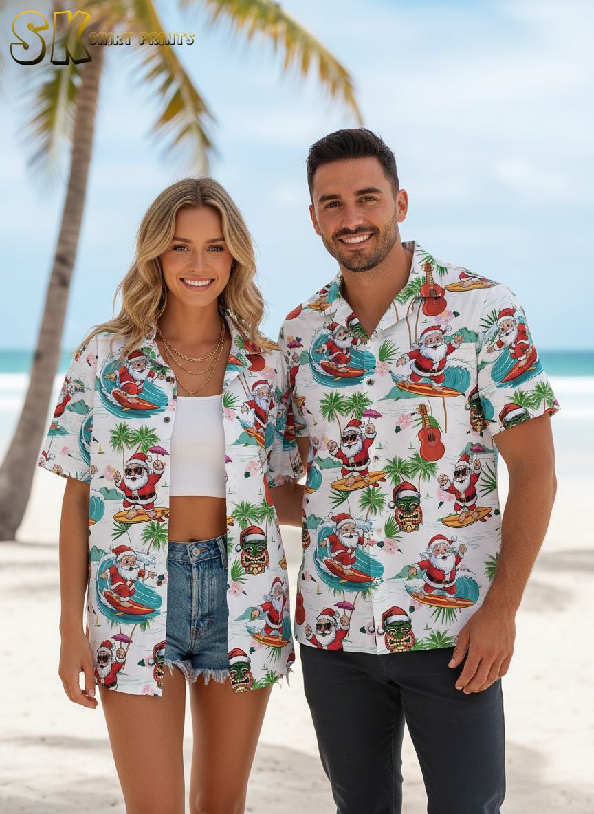 Men's tropical Christmas shirt with electric guitars, palm trees, surfing Santa and tiki designs