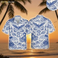 Mens white Hawaiian shirt featuring America 250 patriotic design with eagle, Liberty Bell and palm trees