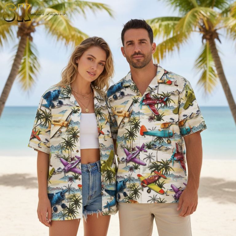 Vintage Airplane White Mens Hawaiian Shirt – Tropical Aviation Print Aloha Button Down