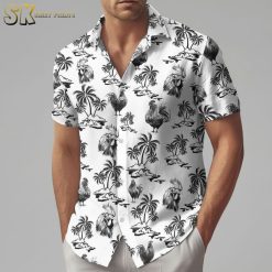 Mens white tropical shirt with black rooster and island print design