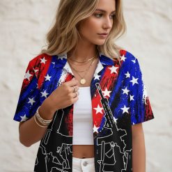 Military hawaiian shirt with American flag pattern and tactical rifle silhouettes in patriotic colors