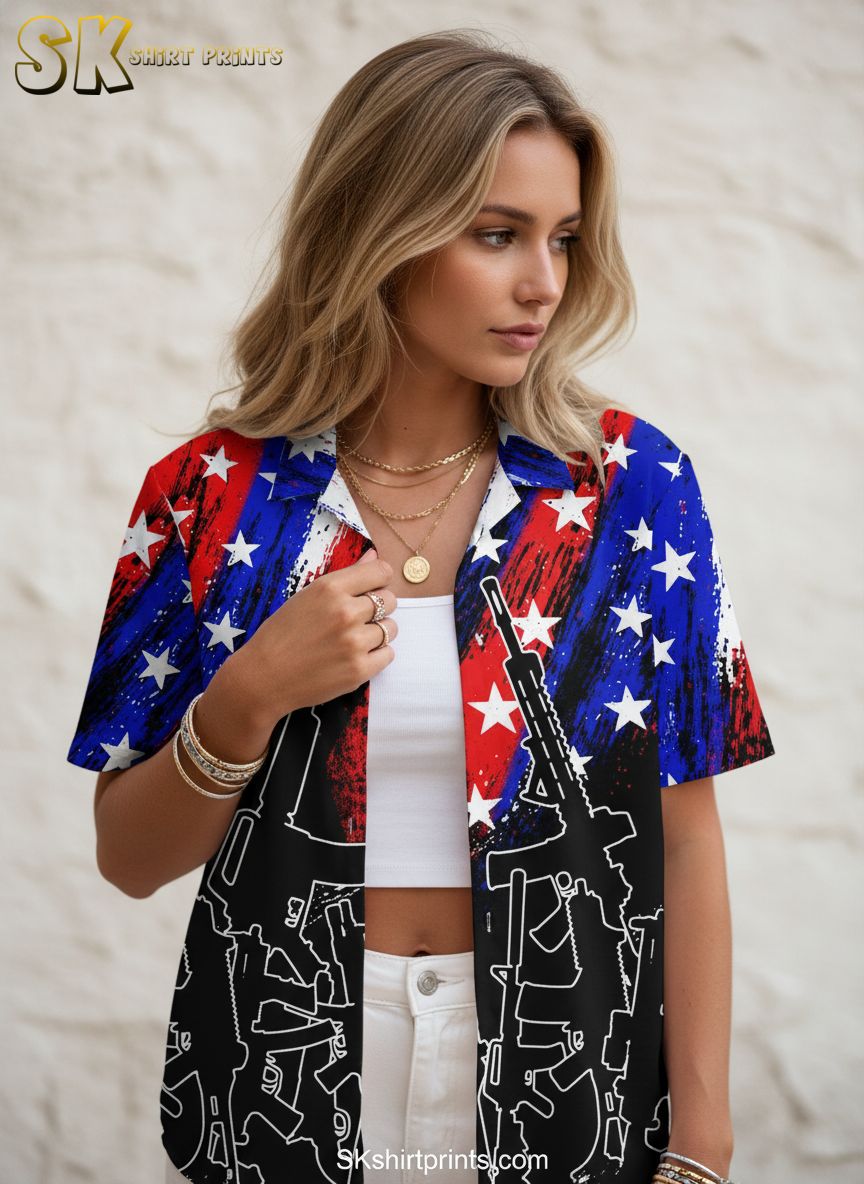 Military hawaiian shirt with American flag pattern and tactical rifle silhouettes in patriotic colors