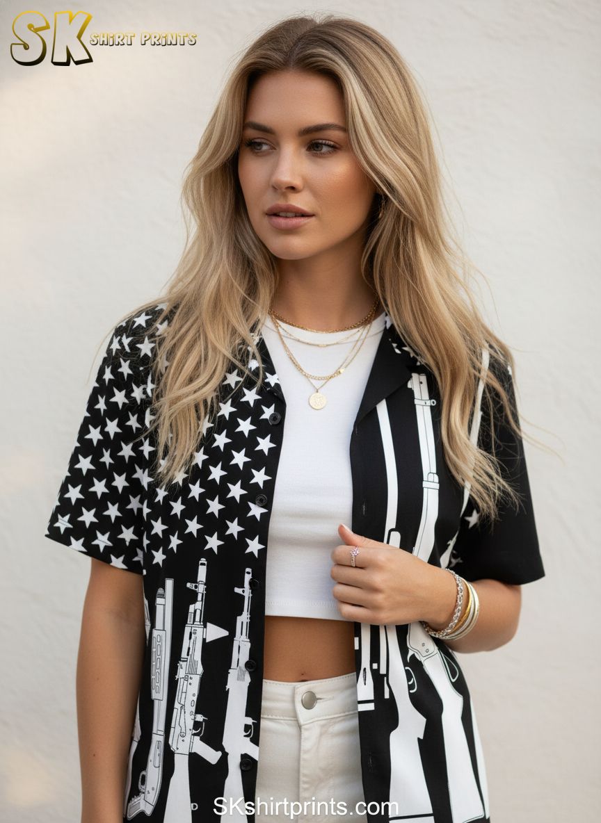 Military Hawaiian shirt combining American flag stars with tactical weapon graphics in monochrome