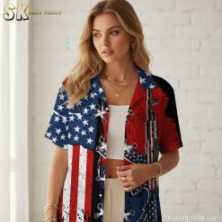 Military hawaiian shirts with American flag design and rifle graphics in patriotic military-inspired styling