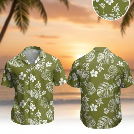 Mint green Hawaiian shirt featuring white hibiscus flowers and tropical leaf patterns