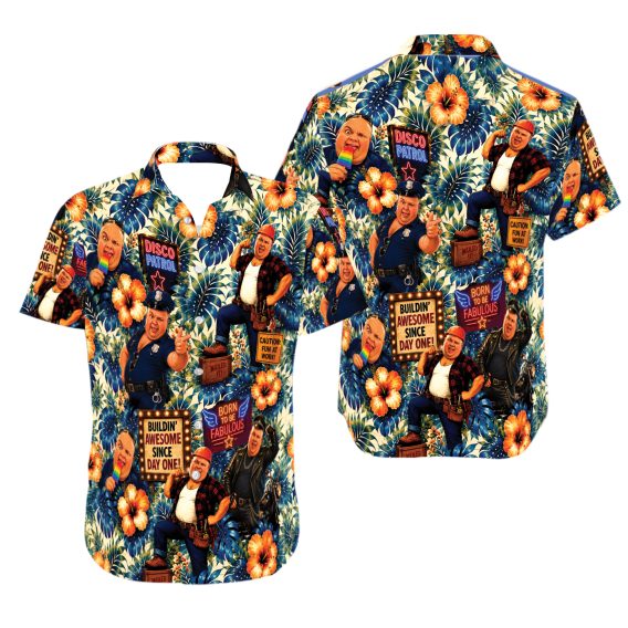 Disco Patrol Hawaiian Shirt - Retro Construction Worker & Biker Design