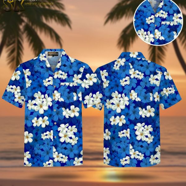 Navy Blue Hawaiian Shirt with White Plumeria Flowers - Tropical Aloha Print